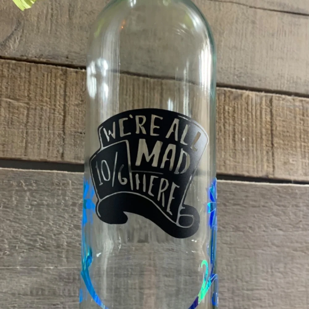 Hand Crafted- ‘We’re All Mad Here’ logo Mad Hat Wine Bottle Lantern